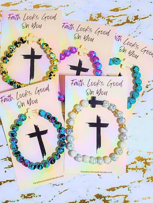 Wholesale Faith Beaded Cross Bracelet – 8mm Stretchy Glass & Stone Beads on Inspirational Card | Retail-Ready Christian Jewelry
