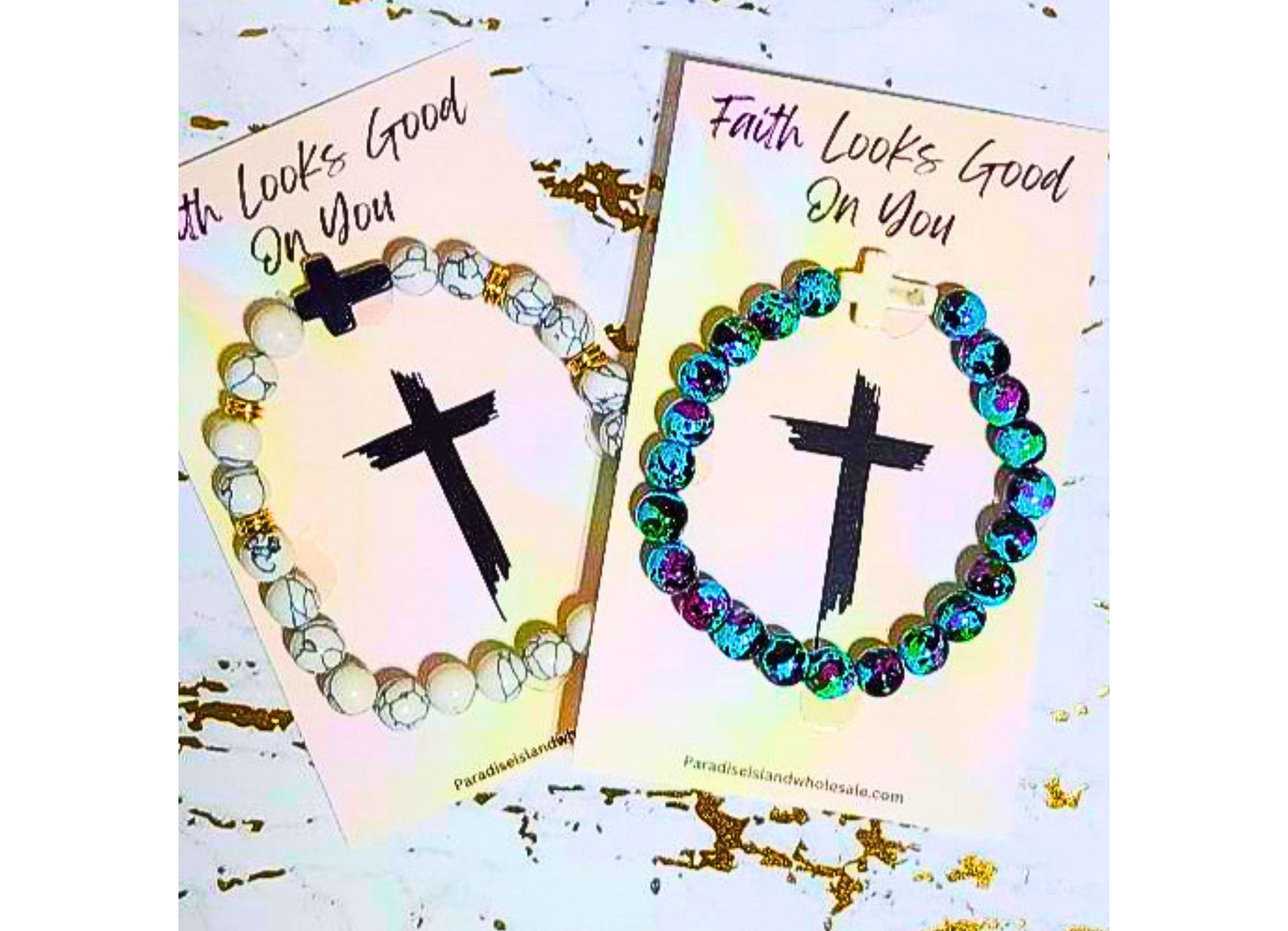 Wholesale Faith Beaded Cross Bracelet – 8mm Stretchy Glass & Stone Beads on Inspirational Card | Retail-Ready Christian Jewelry