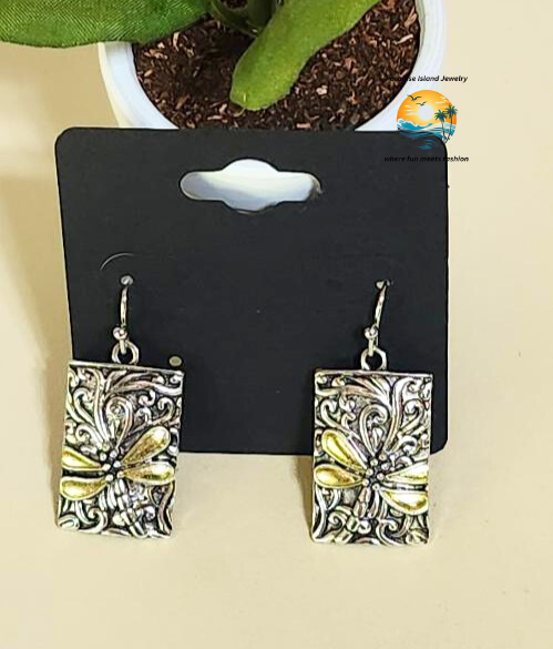Stainless Steel Two-Tone Dragonfly Dangle Earrings
