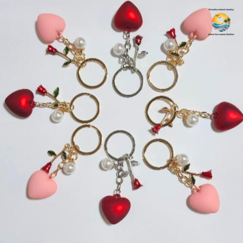 Red Heart Keychain with Rose & Pearl Charm – Wholesale