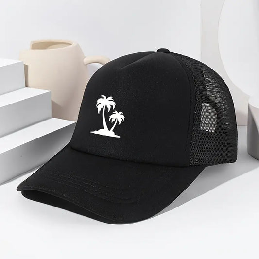 Black Baseball Cap with White Palm Tree Design