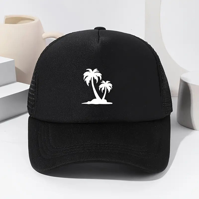 Black Baseball Cap with White Palm Tree Design