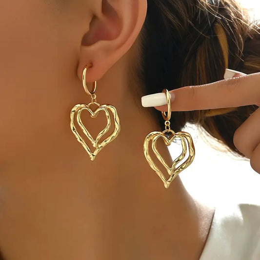 Gold Plated Double Heart Dangle Earrings