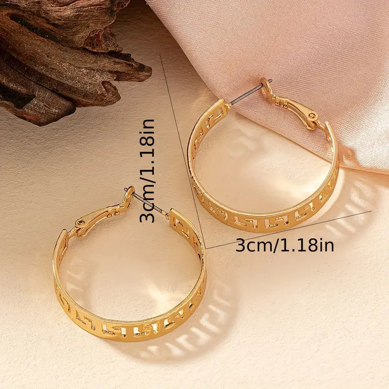 Gold Plated Greek Key Hoop Earrings, 1.5 Inch