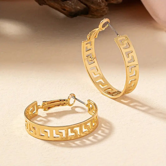 Gold Plated Greek Key Hoop Earrings, 1.5 Inch