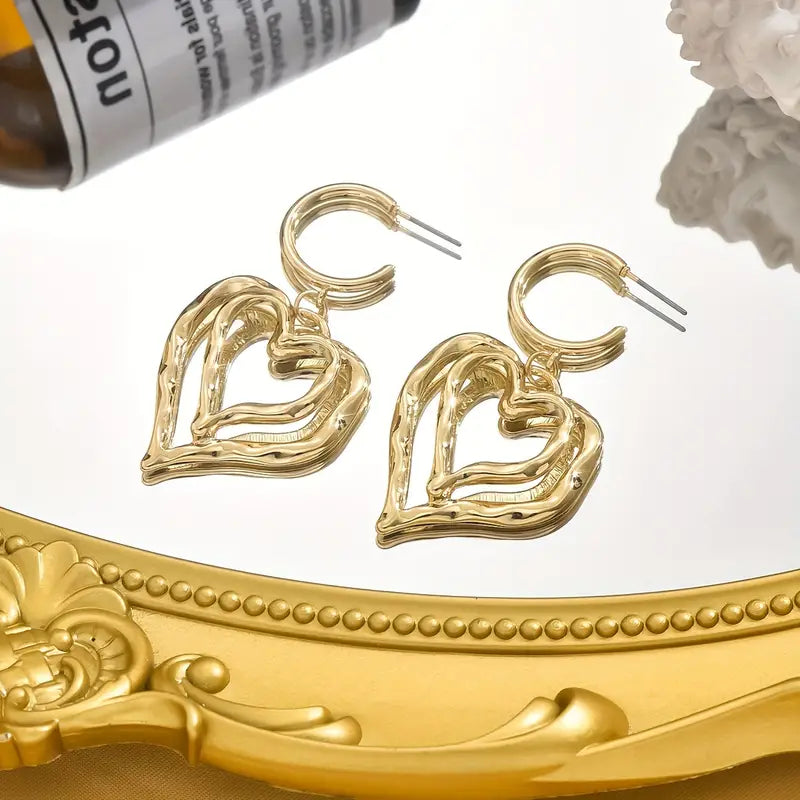 Gold Plated Double Heart Dangle Earrings