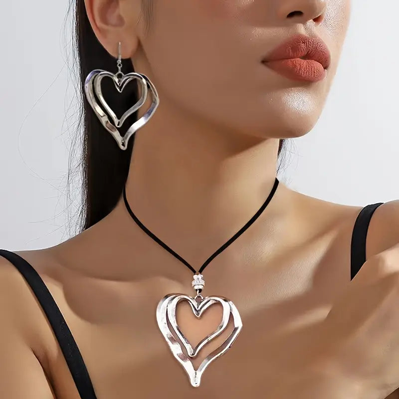 Stainless Steel Heart-in-Heart Pendant with Cord