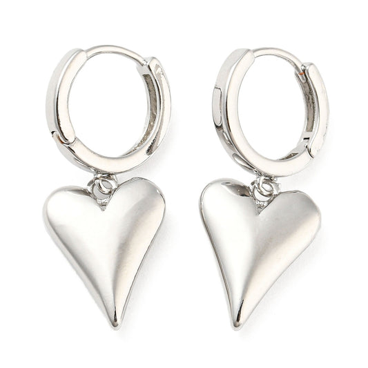 Silver Plated Heart Drop Hoop Earrings – 1.25"
