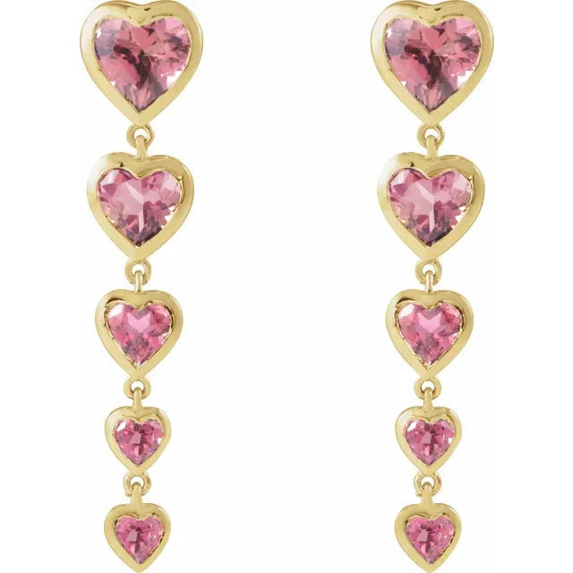 14K Yellow Natural Pink Tourmaline Heart Earrings