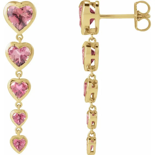 14K Yellow Natural Pink Tourmaline Heart Earrings