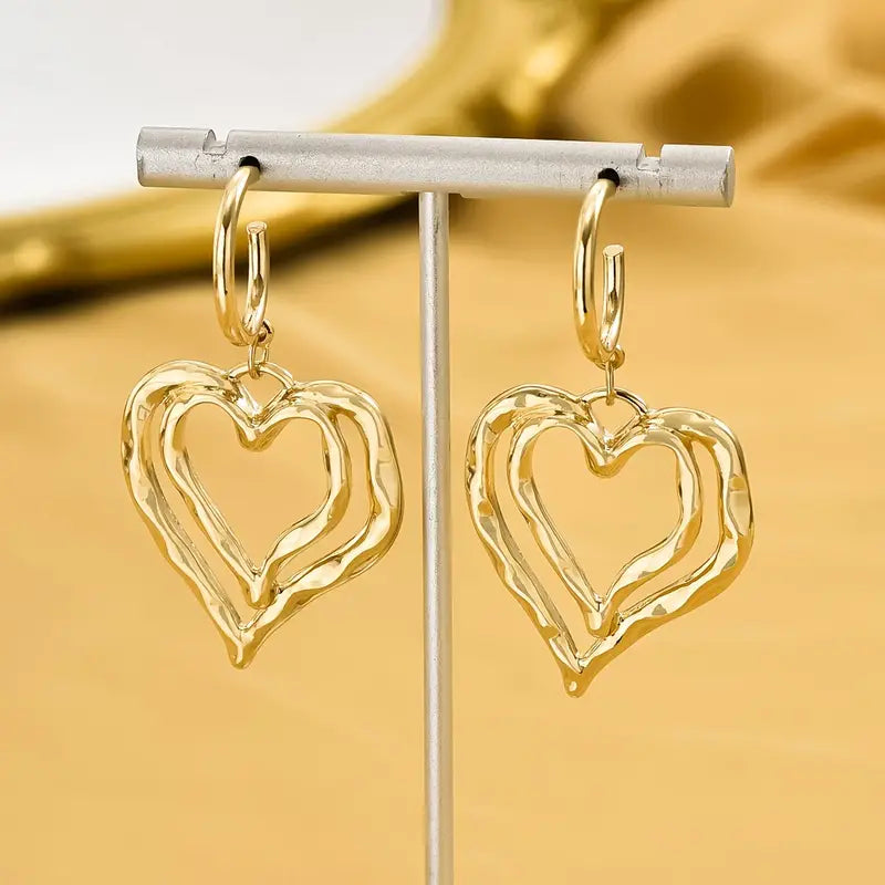 Gold Plated Double Heart Dangle Earrings