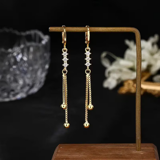 Gold Plated Hoop Earrings with CZ & Tassel Chains